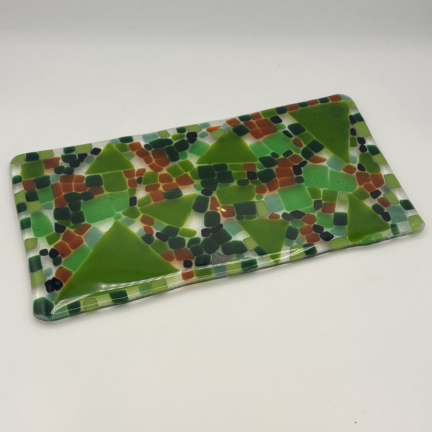 Mallory Miller, Fused Glass Cheese Tray, Green and Brown Shapes
