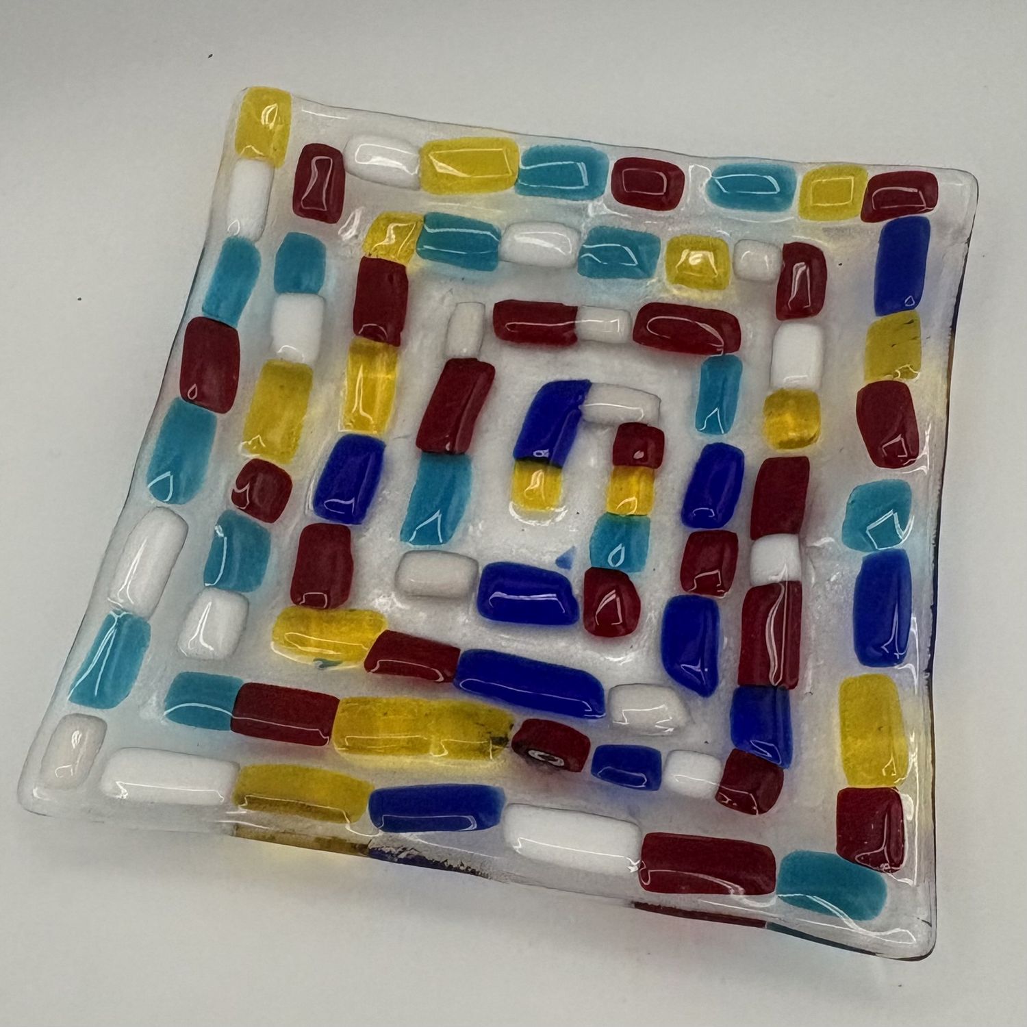 Jessica Bays, Fused Glass Dish, Colorful Rectangles in a Swirl