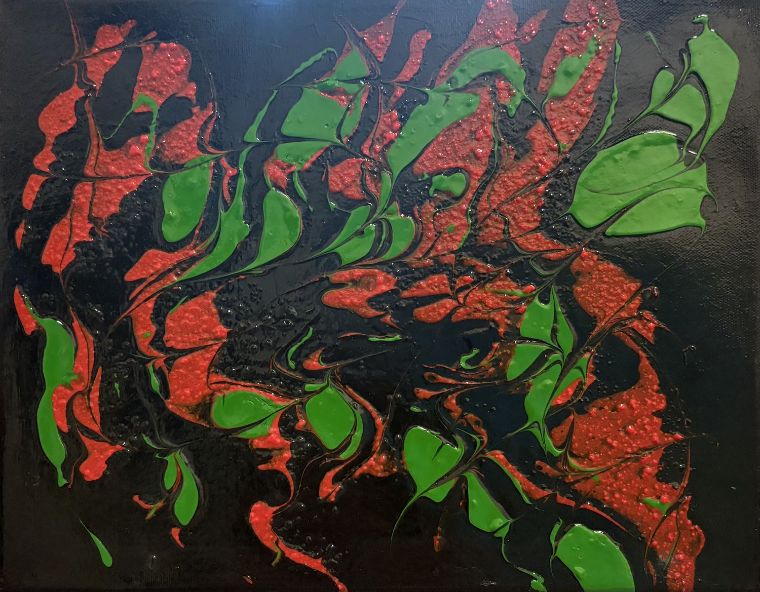 Jessica Bays, Acrylic on Canvas, Red and Green Abstract Design