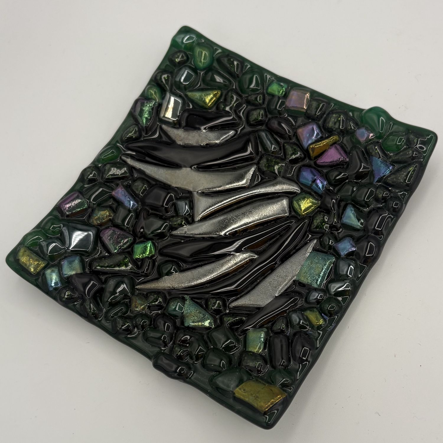 David Patrick, Fused Glass Dish, Dark Green Design
