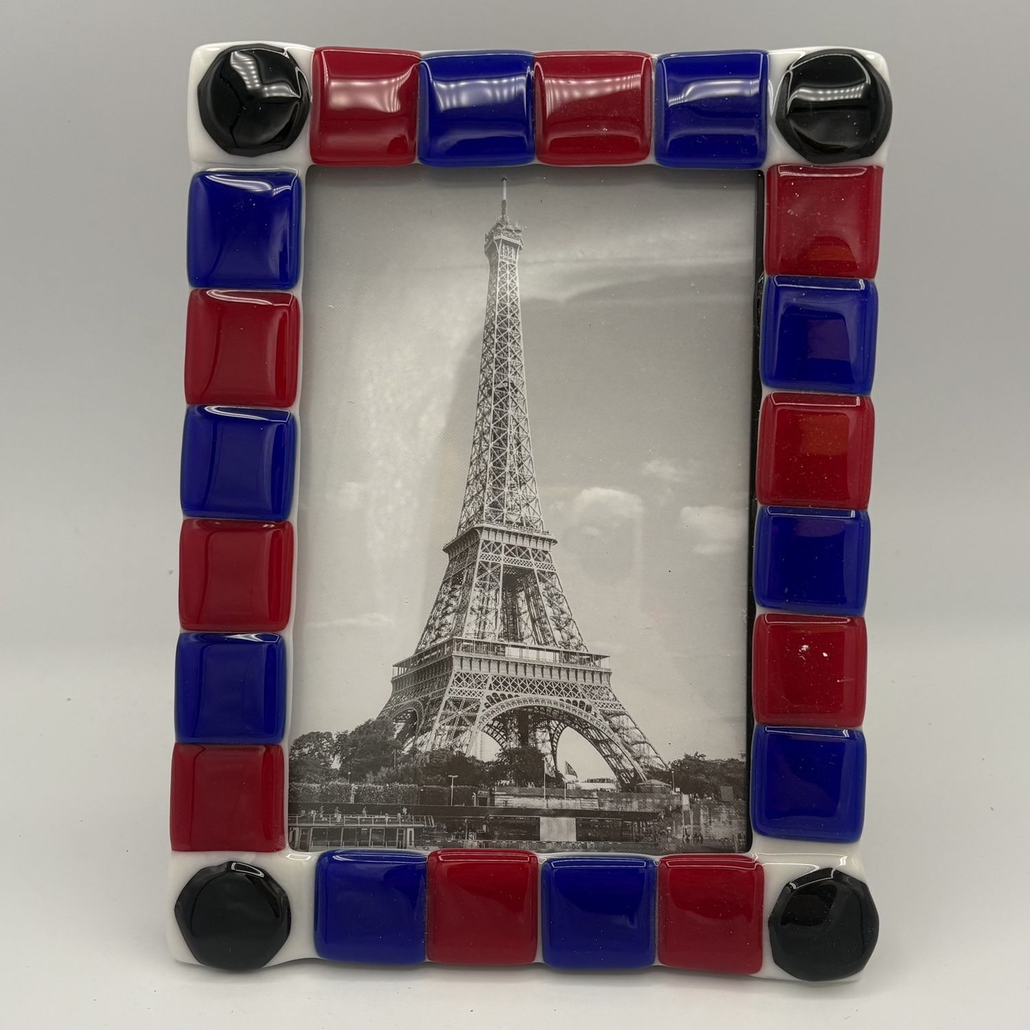 Adam Gibbemeyer, Fused Glass Frame, Red, Blue and Black Shapes