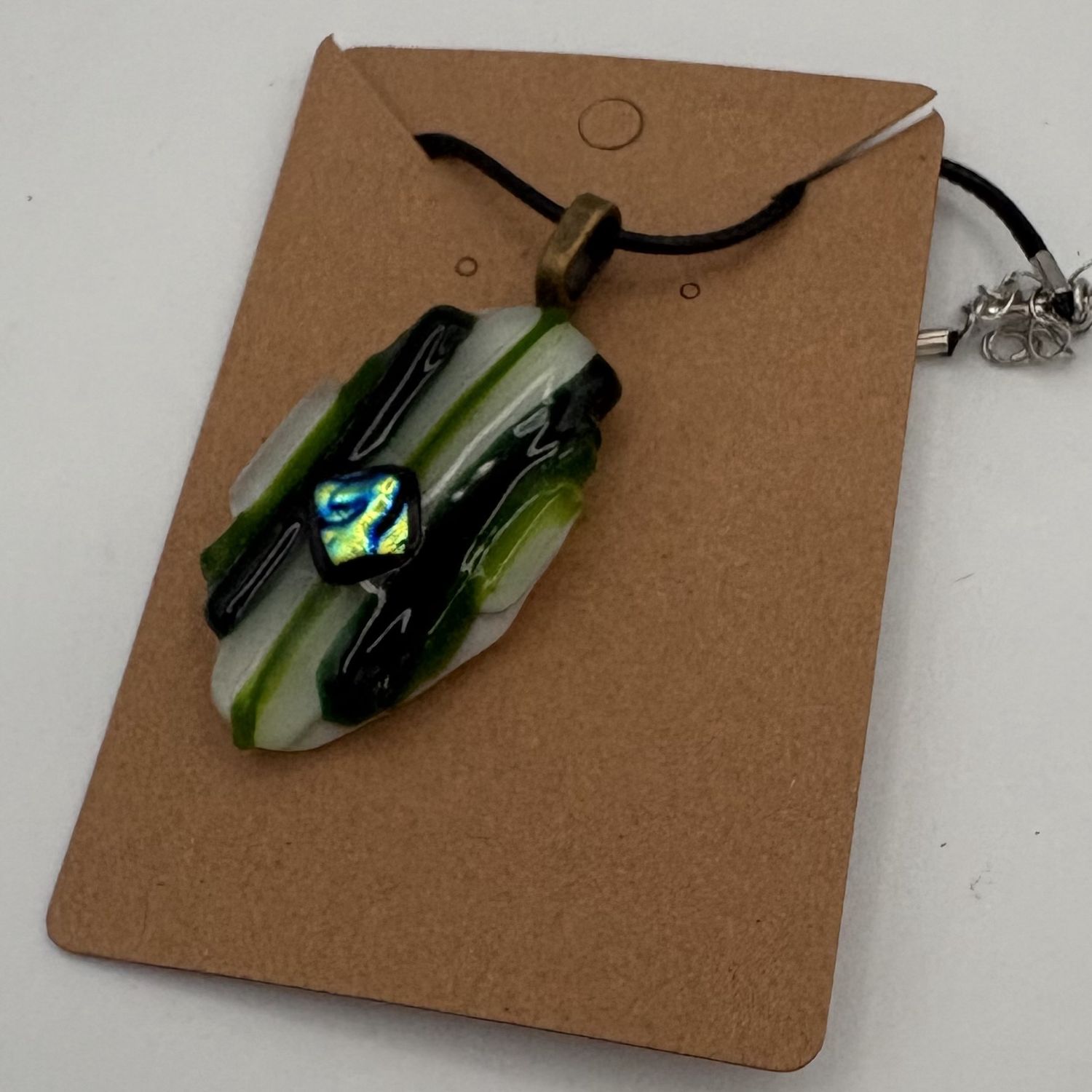 Alaina Weeks, Fused Glass Pendant, Green, Black and White Design