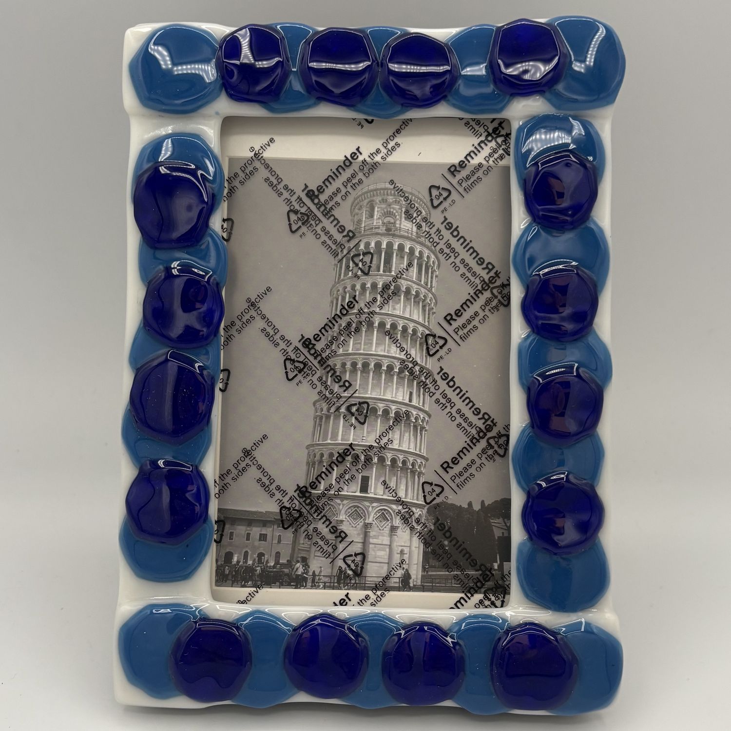 Olivia Yost, Fused Glass Frame, Blue Circles on White