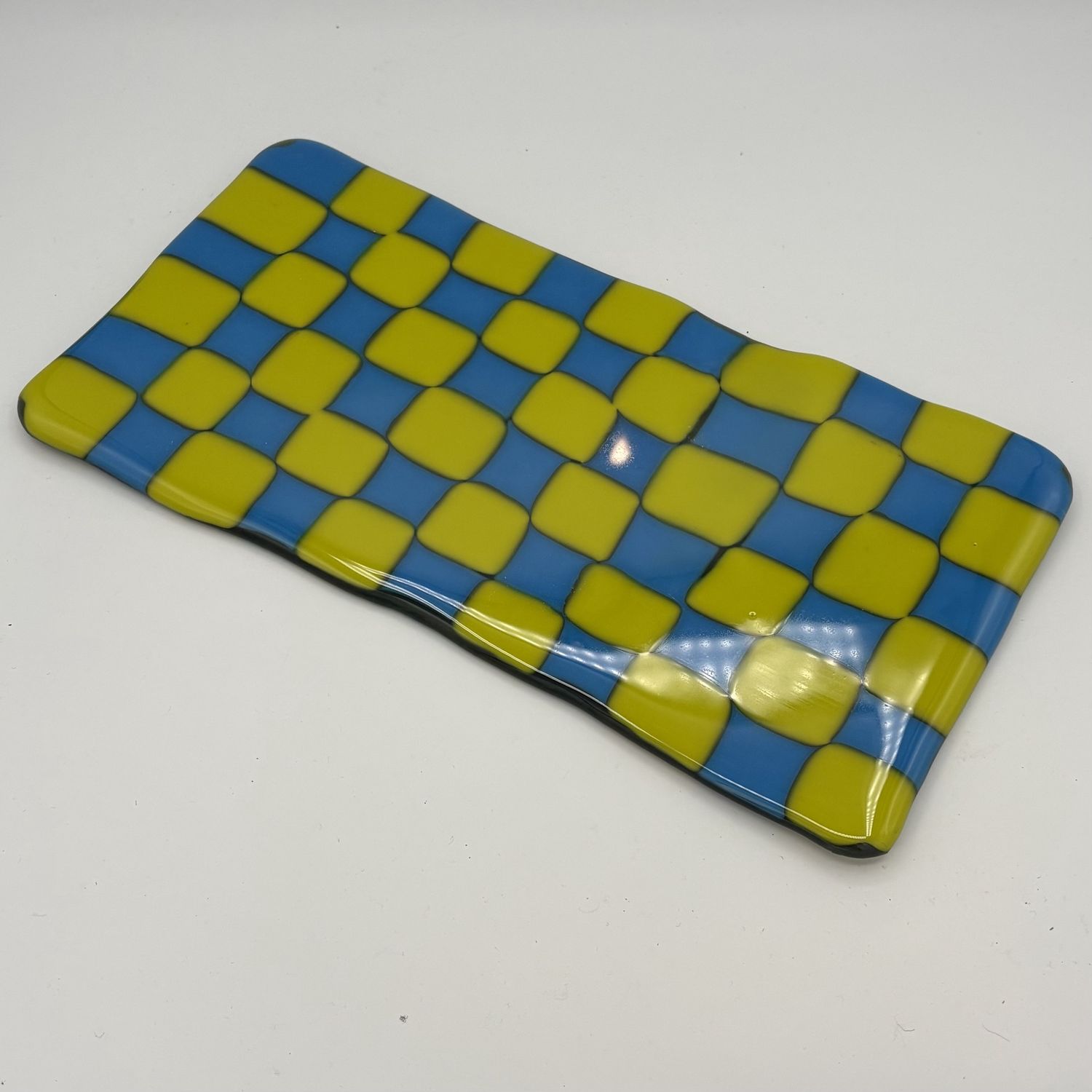 Brett Garrett, Fused Glass Cheese Tray, Blue and Green Checkerboard
