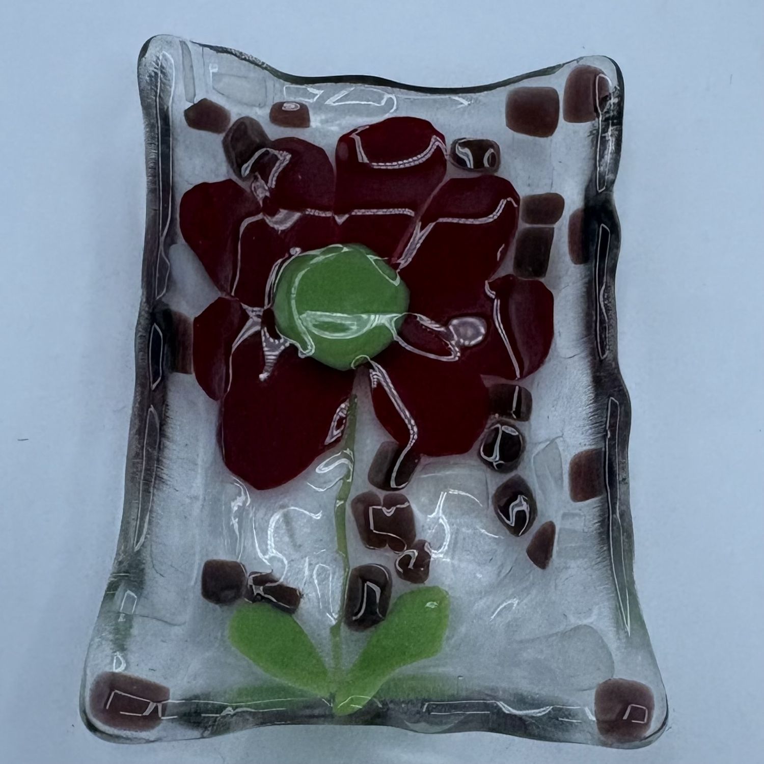 Melissa Jenkins, Fused Glass Soap Dish, Red and Green Flower