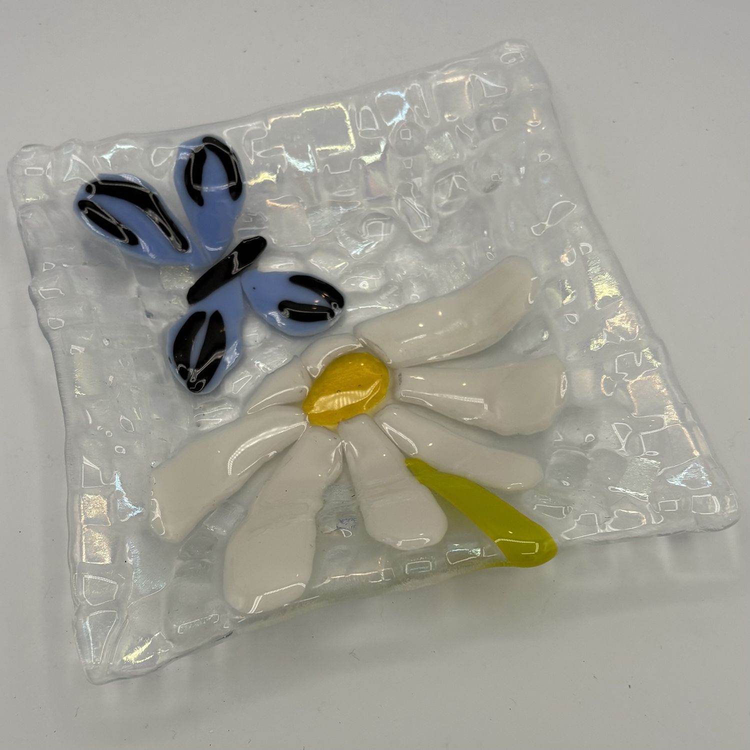 Erica Hasler, Fused Glass Dish, Blue Butterfly flying over a Flower