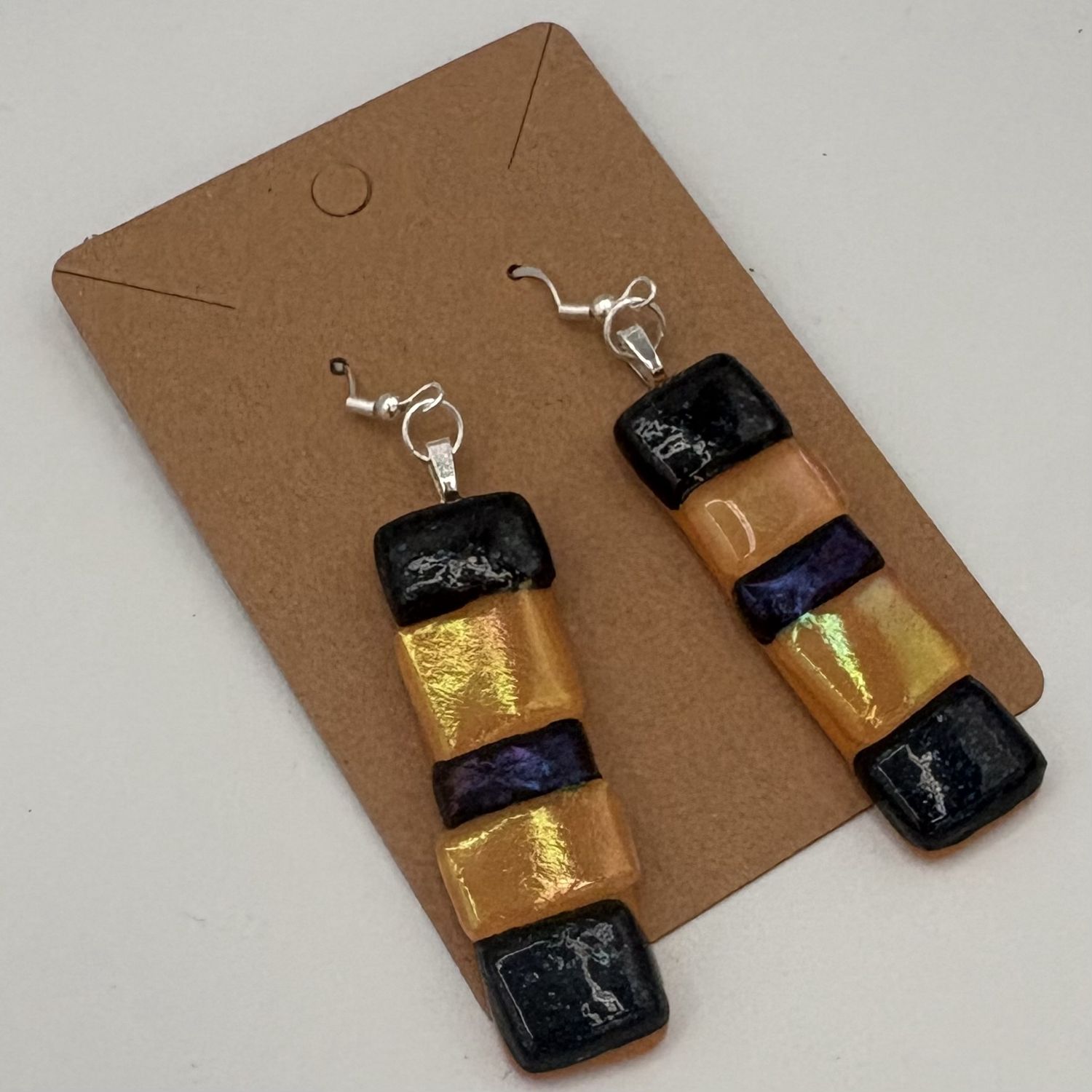 David Smyth, Fused Glass Earrings, Orange and Black Rectangles