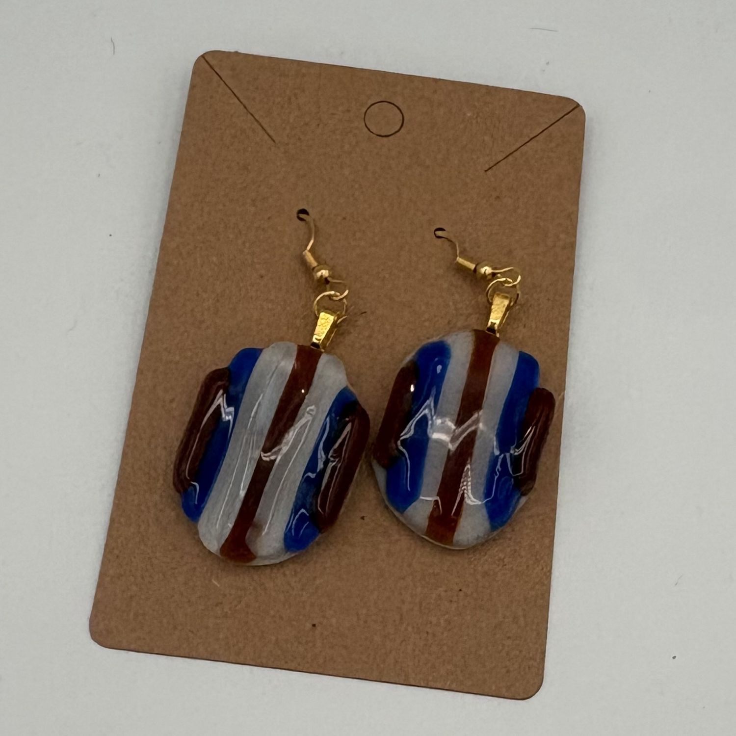 Alaina Weeks, Fused Glass Earrings, White, Blue and Brown Stripes