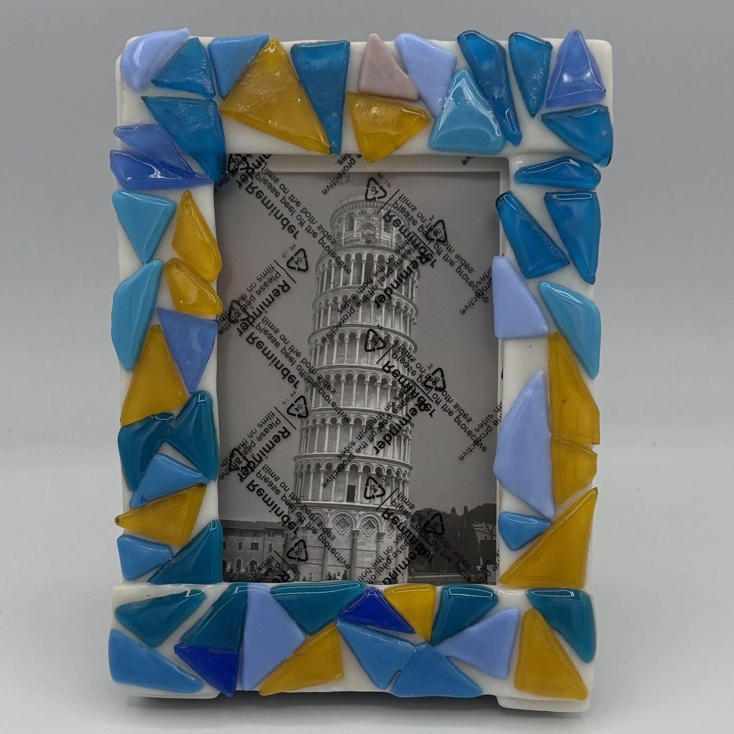 Breanna Allmandinger, Fused Glass Frame, Blue and Yellow Triangles