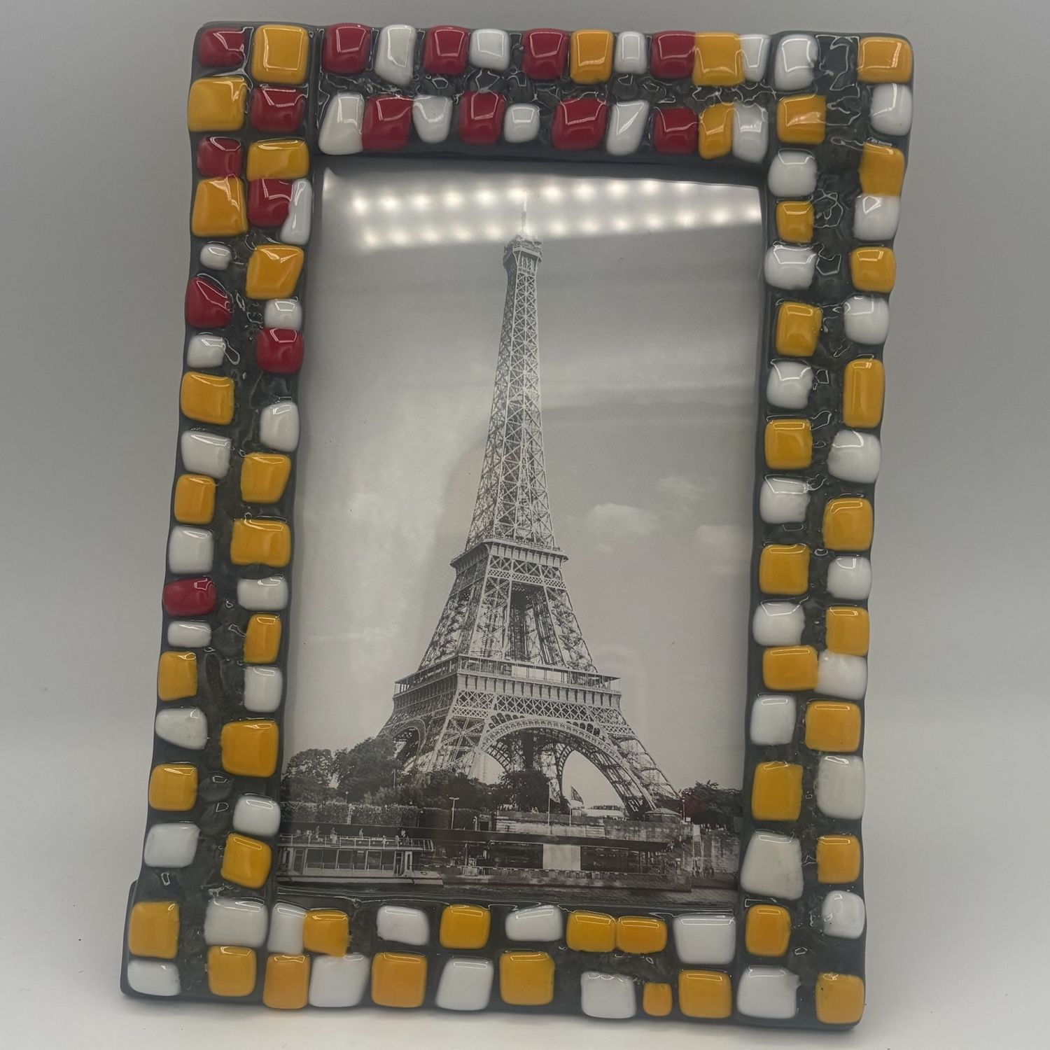 Jordan Satterfield, Fused Glass Frame, Red, Yellow and White Squares on Grey