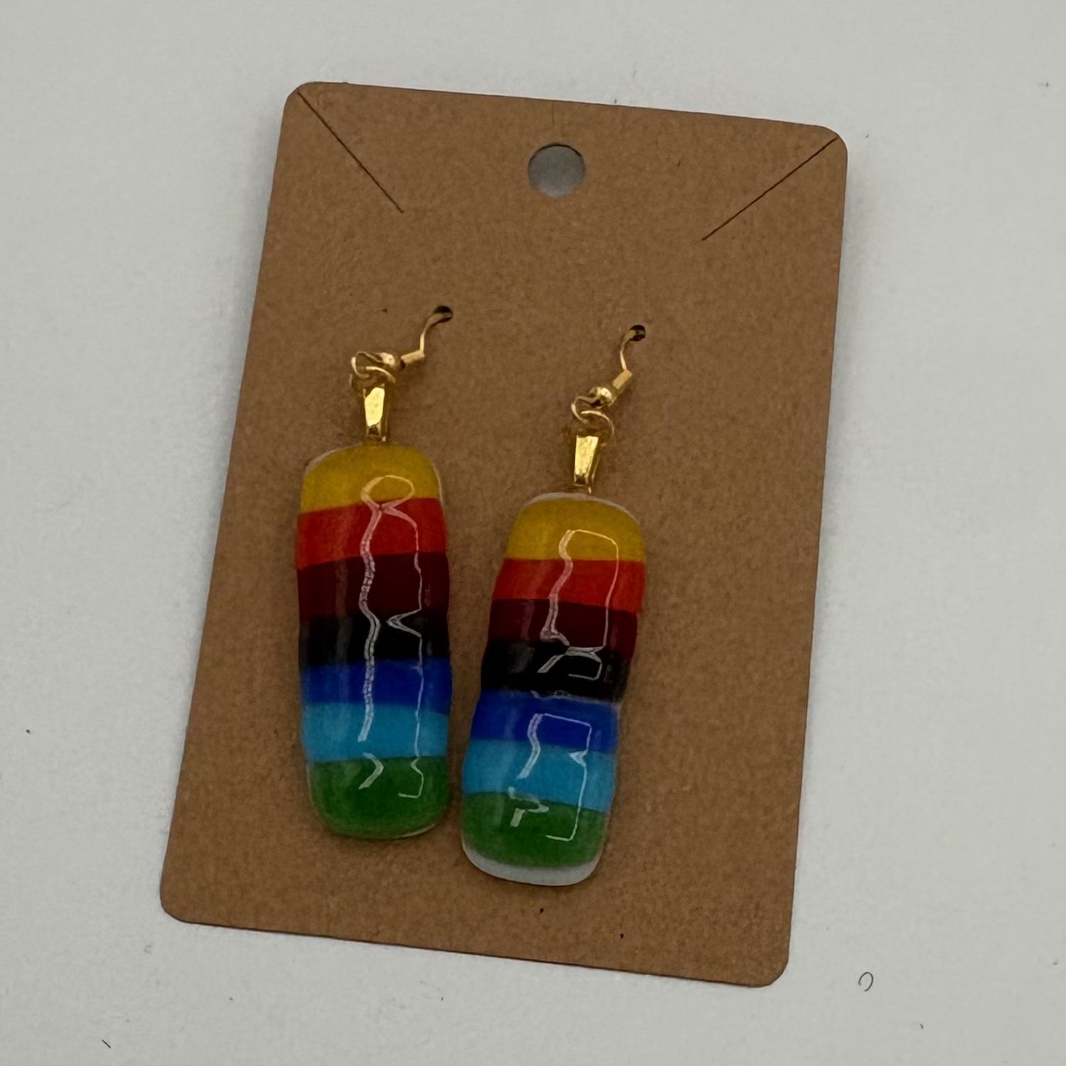 Lori Lefferts, Fused Glass Earrings, Rainbow Striped Rectangles