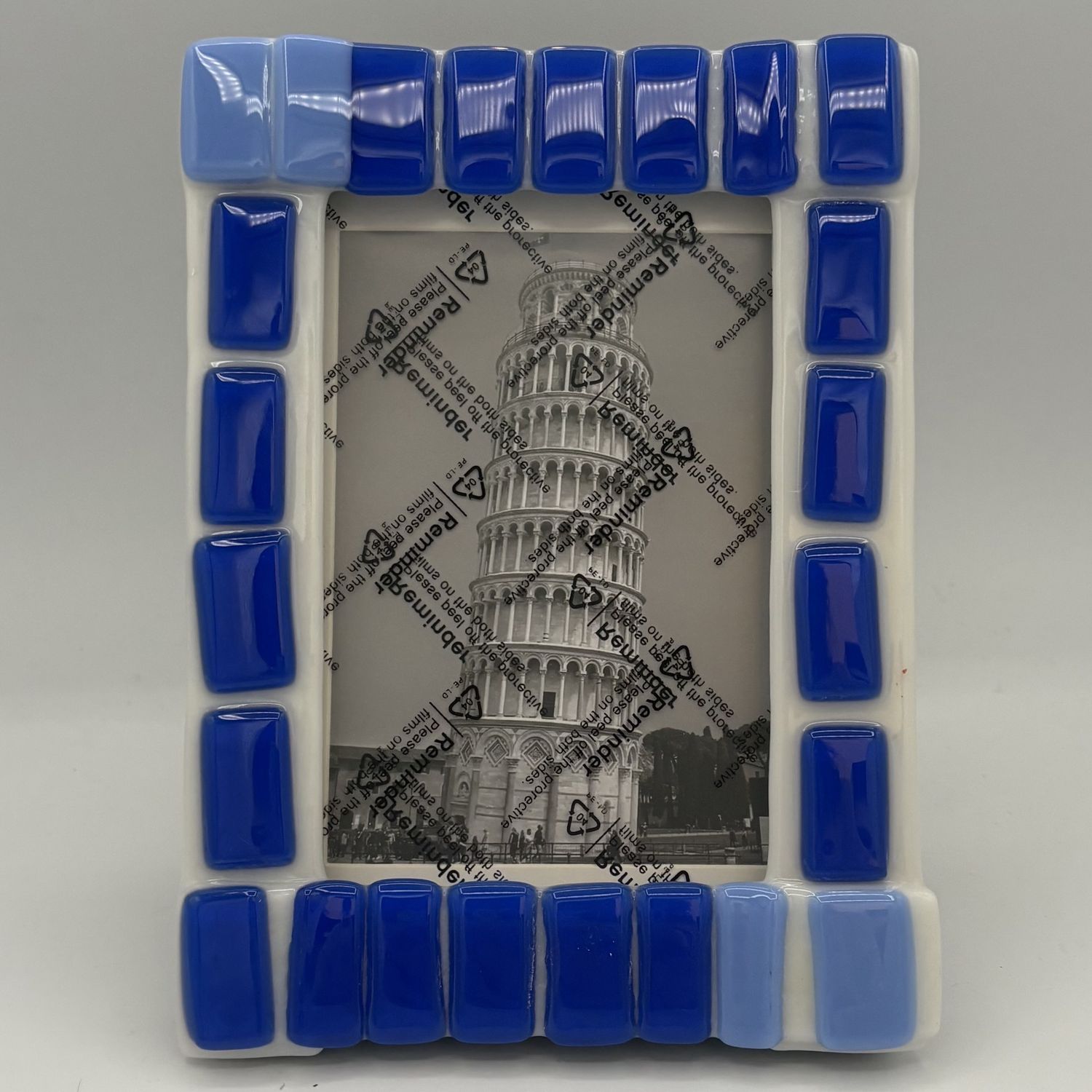 Olivia Yost, Fused Glass Frame, Blue Rectangles on White