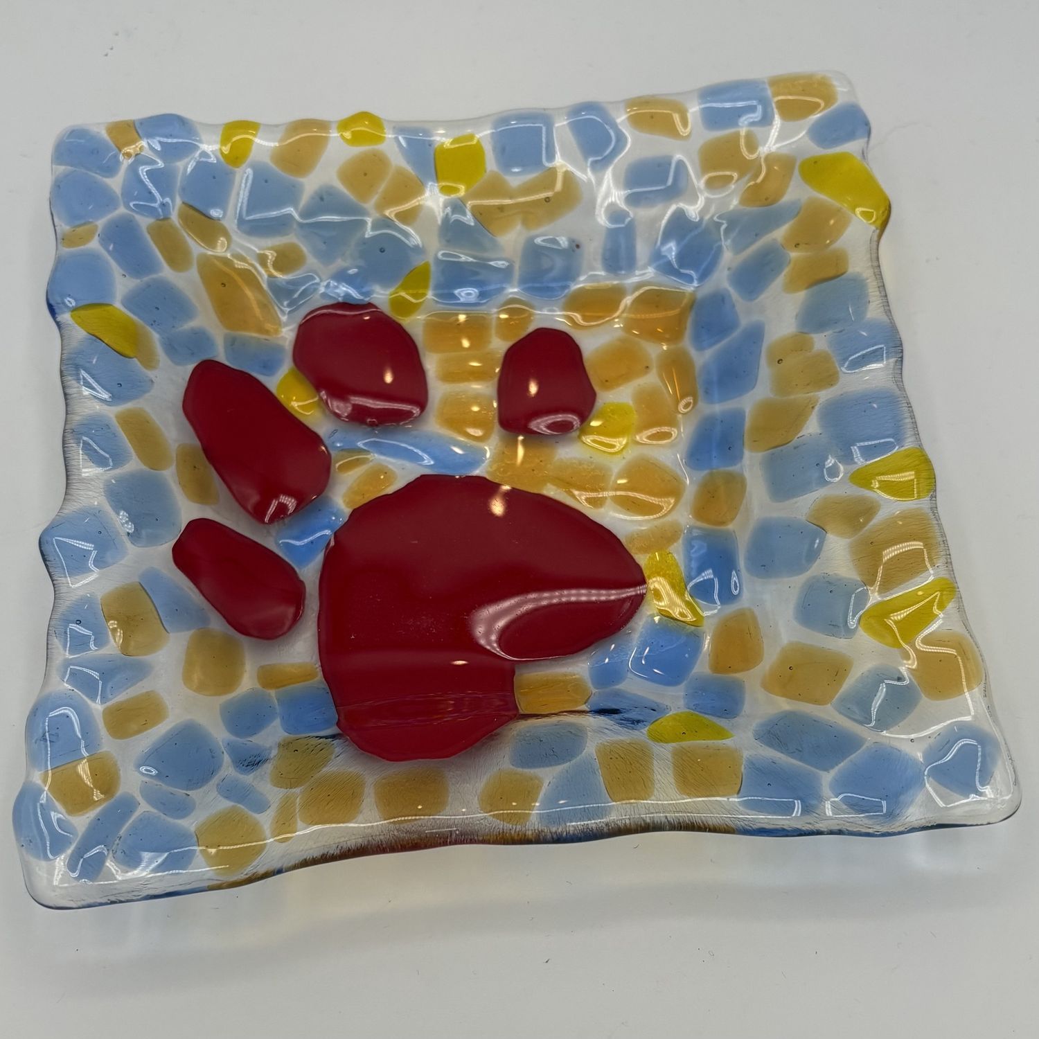 Jordan Lawson, Fused Glass Dish, Primary Colored Paw Print Design