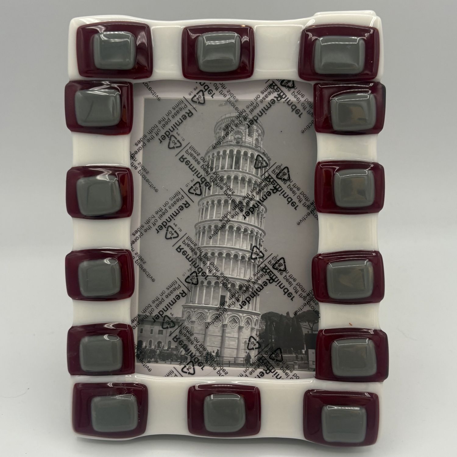 Lori Lefferts, Fused Glass Frame, Red and Grey Squares