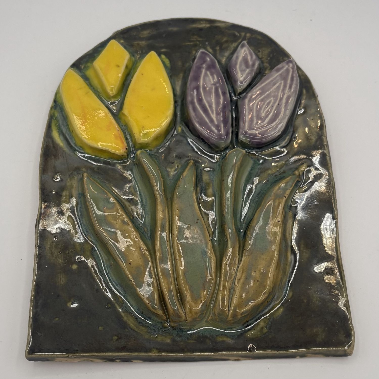 Kara Burgdorf, Ceramic Wall Hanging, Purple and Yellow Tulips