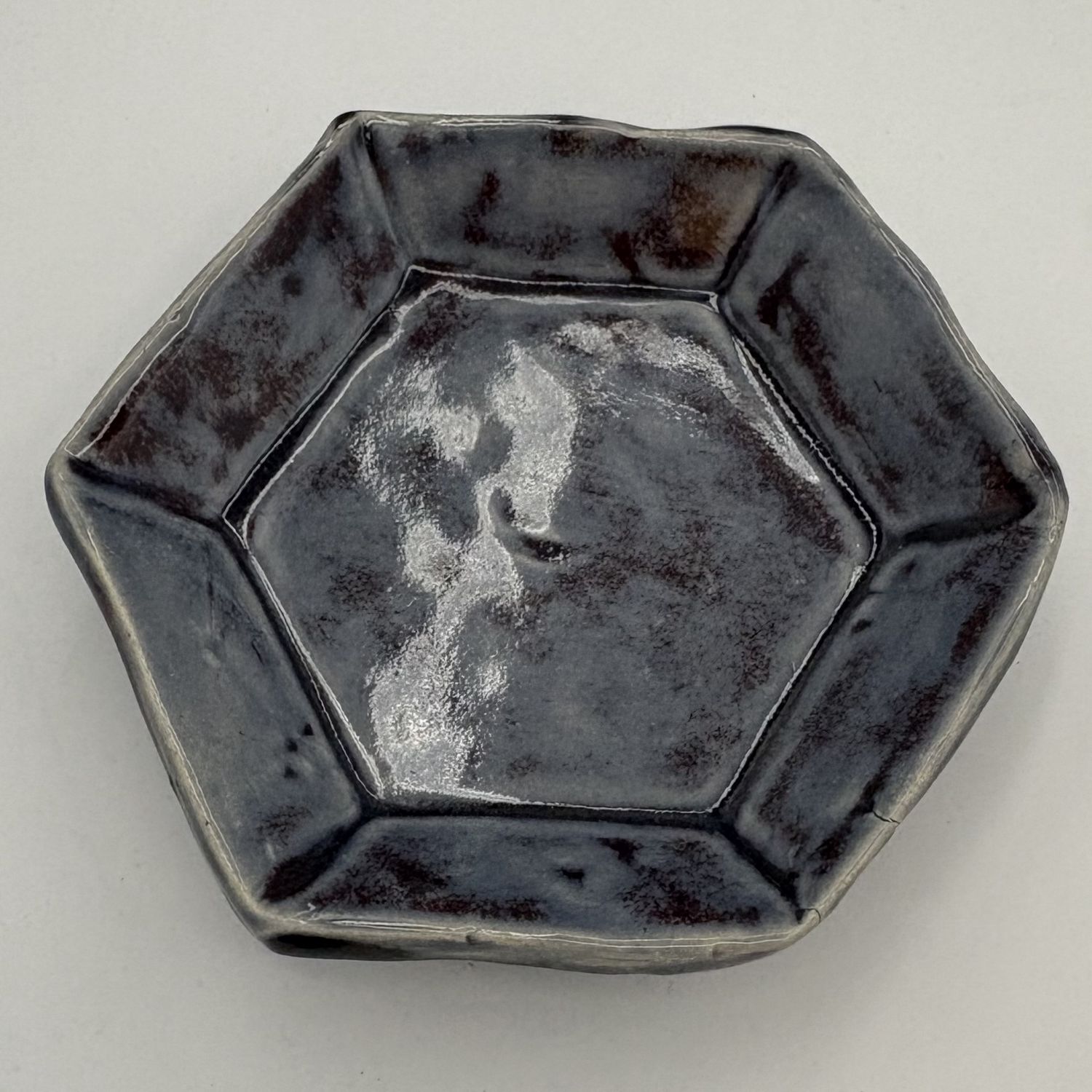 Mallory Miller, Ceramic Dish, Bluish Grey Hexagon with Purple Spots