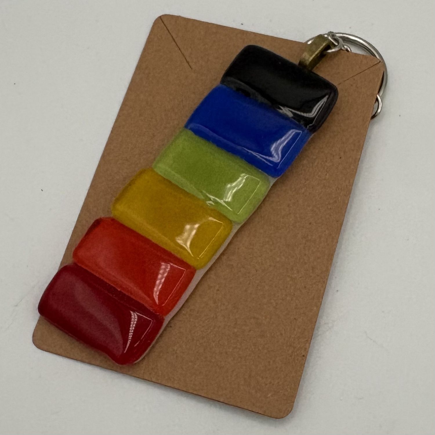 Tiffany Jameson, Fused Glass Keychain, Bold Rainbow Stripes