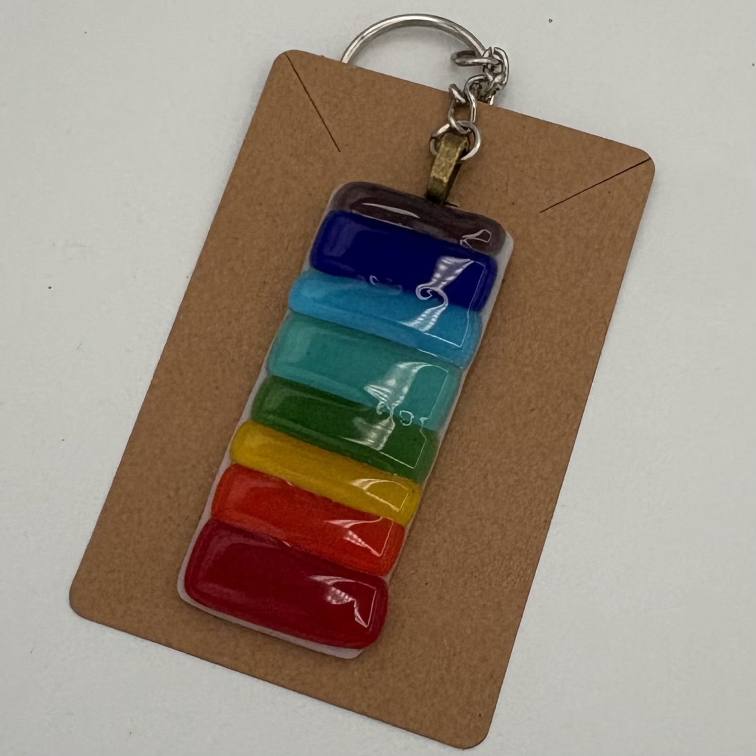 Mark Hodge, Fused Glass Keychain, Vibrant Rainbow Stripes