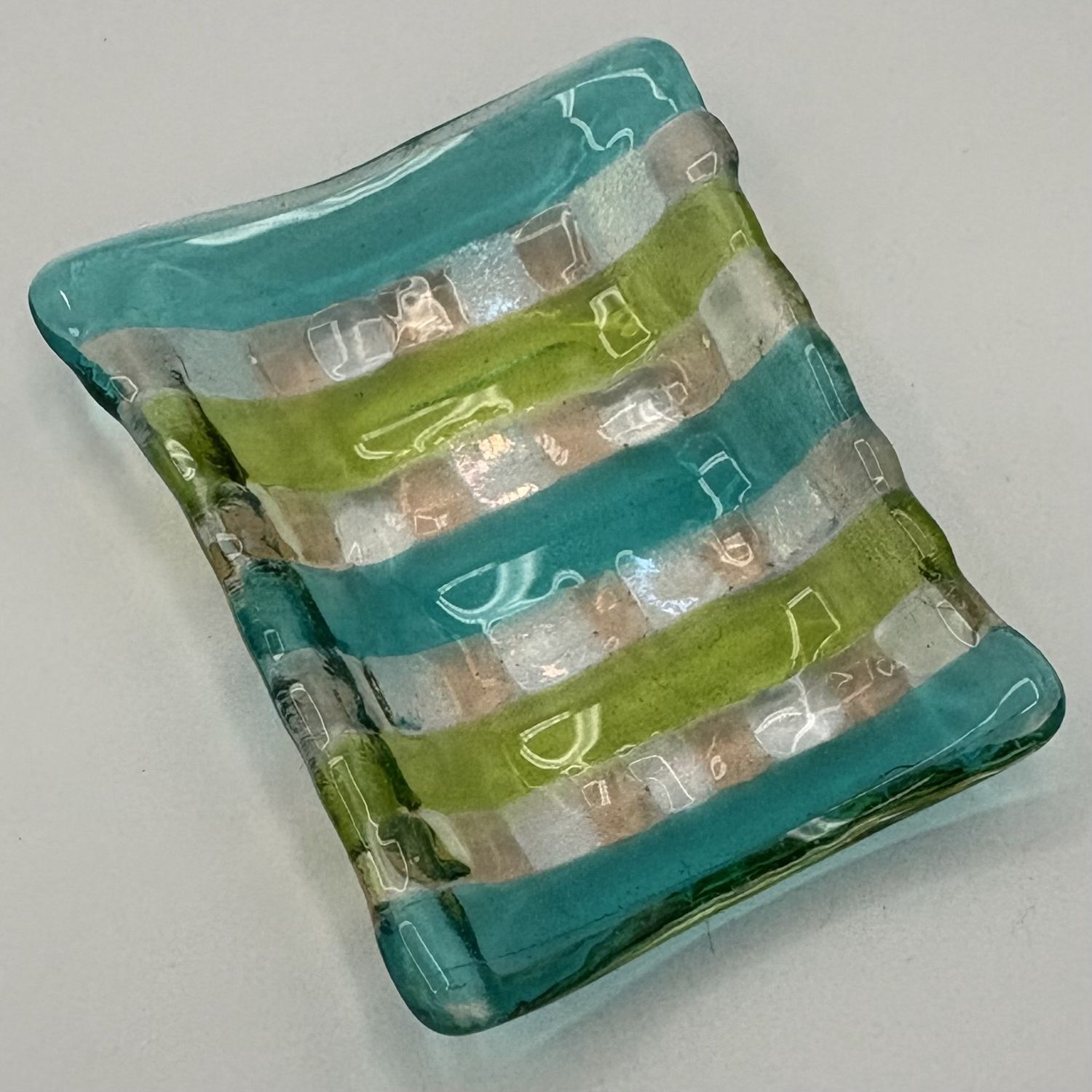 Melissa Powell, Fused Glass Soap Dish, Blue and Green Stripes