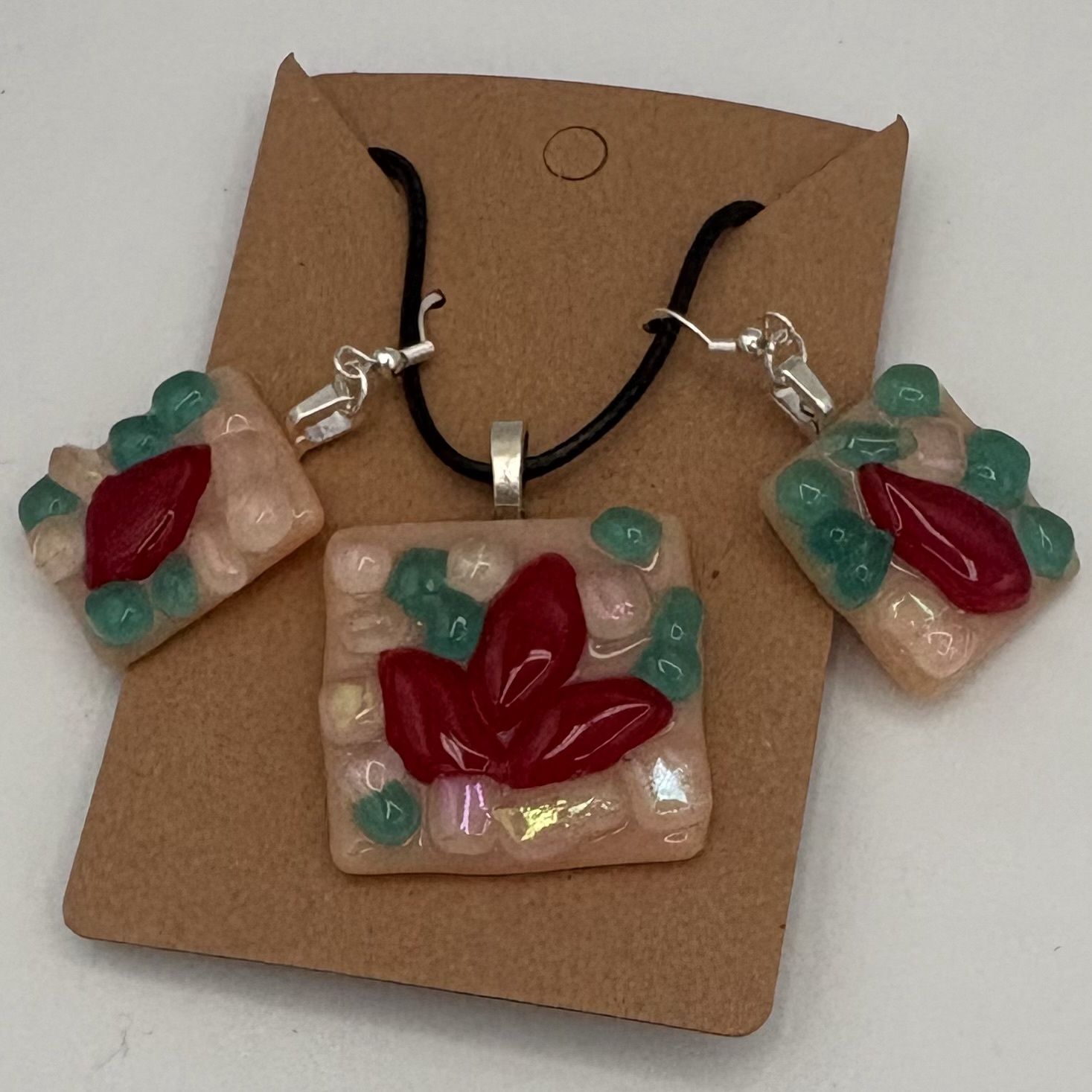 Lori Lefferts, Fused Glass Jewelry Set, Red, Pink and Blue Design