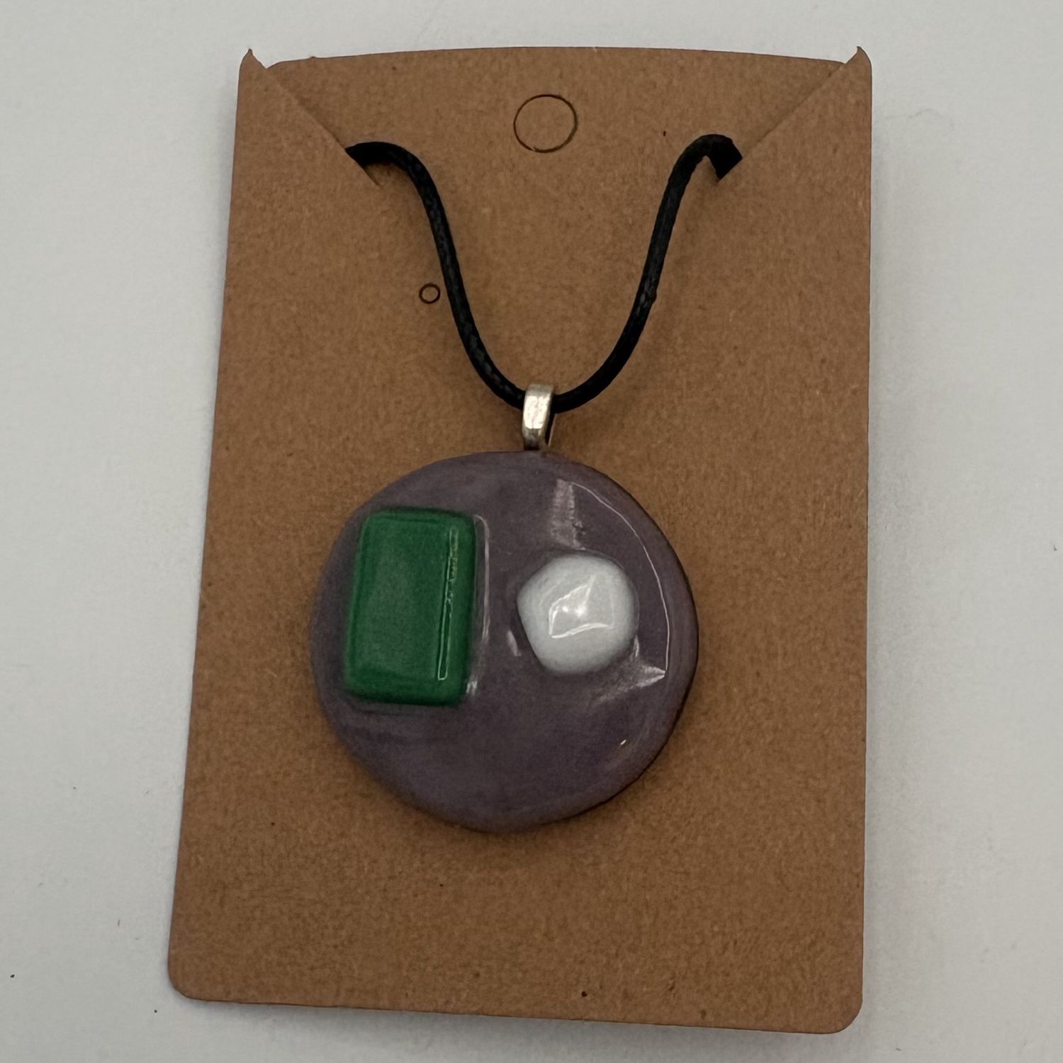 Breanna Allmandinger, Fused Glass Pendant, White, Green and Purple Design