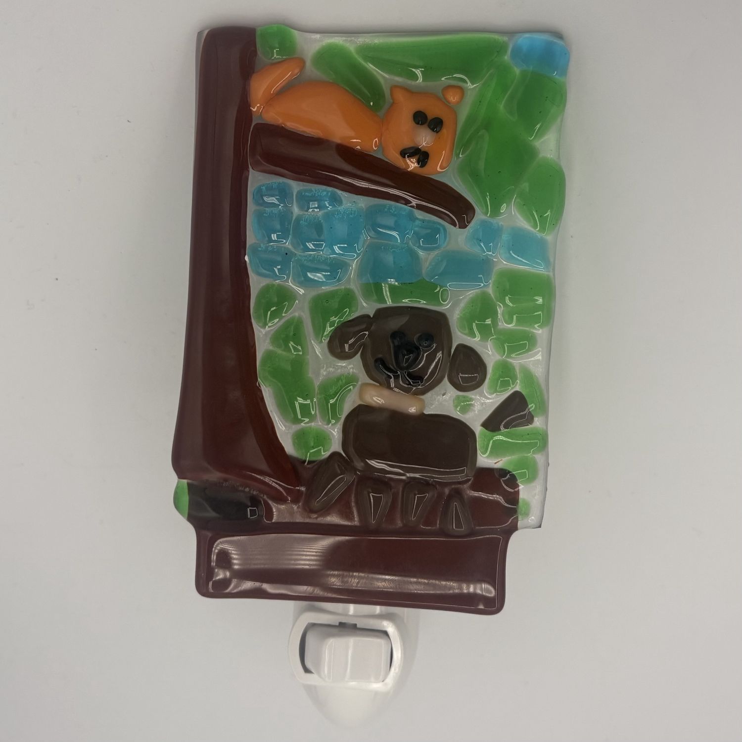 Erica Hasler, Fused Glass Nightlight, Cat and Dog in a Tree