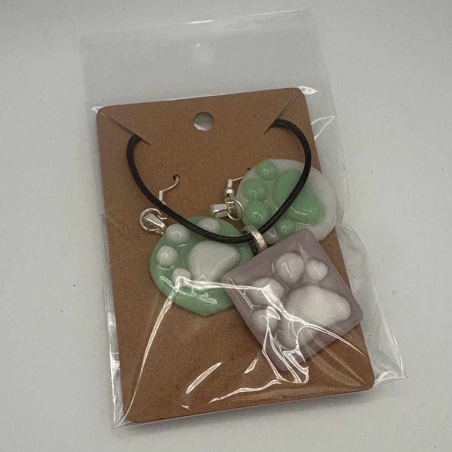 Andrea Walker, Fused Glass Jewelry Set, Green and Purple Paws