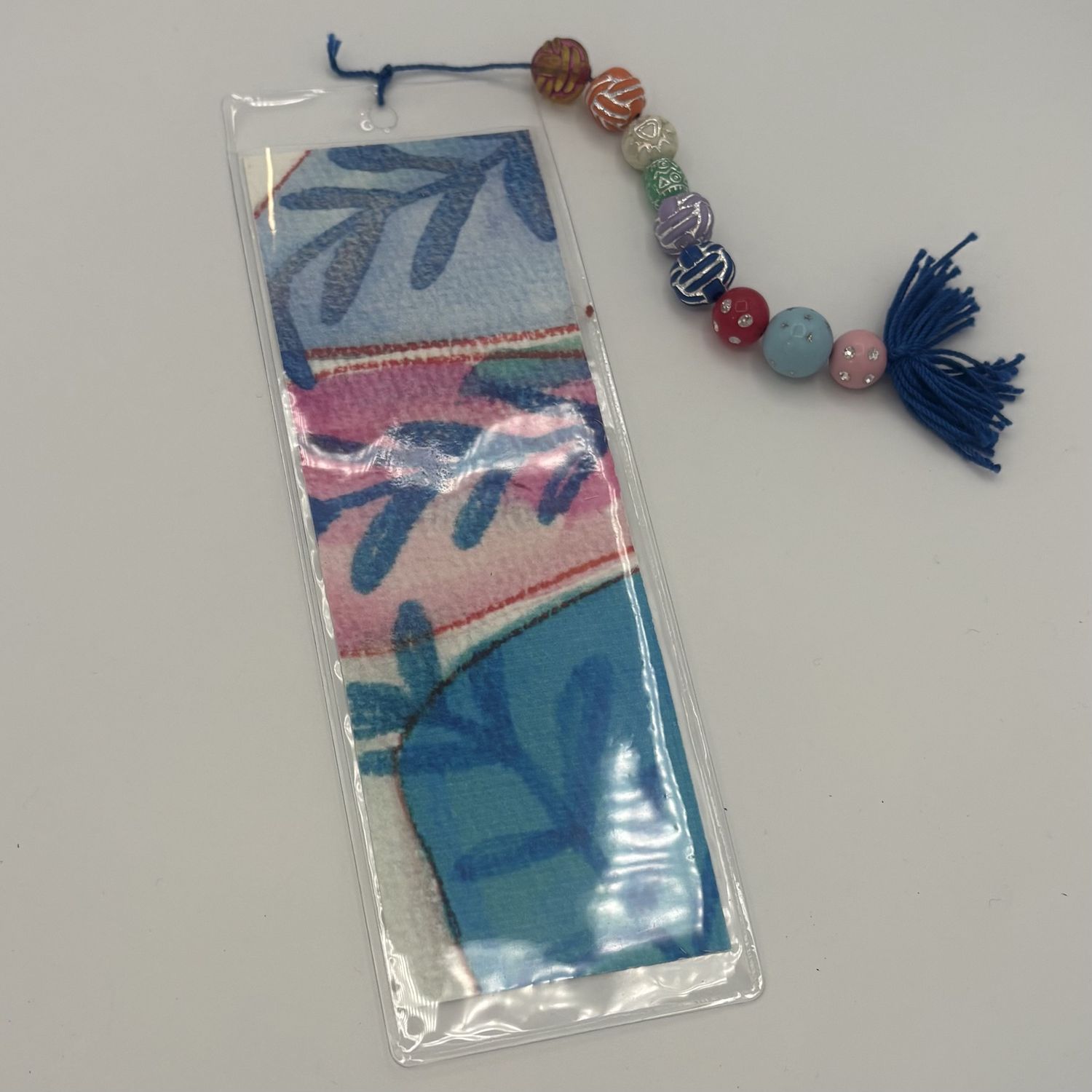 Beth Shaw, Bookmark, Blue Leaves on Pink and White
