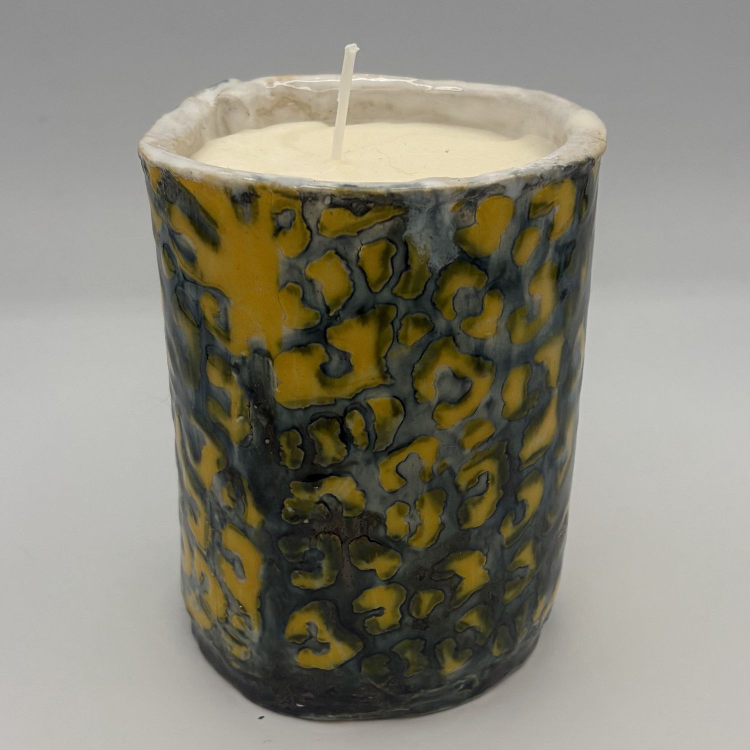Bobbie Jo Robinson, Ceramic Candle, Blue and Yellow Design