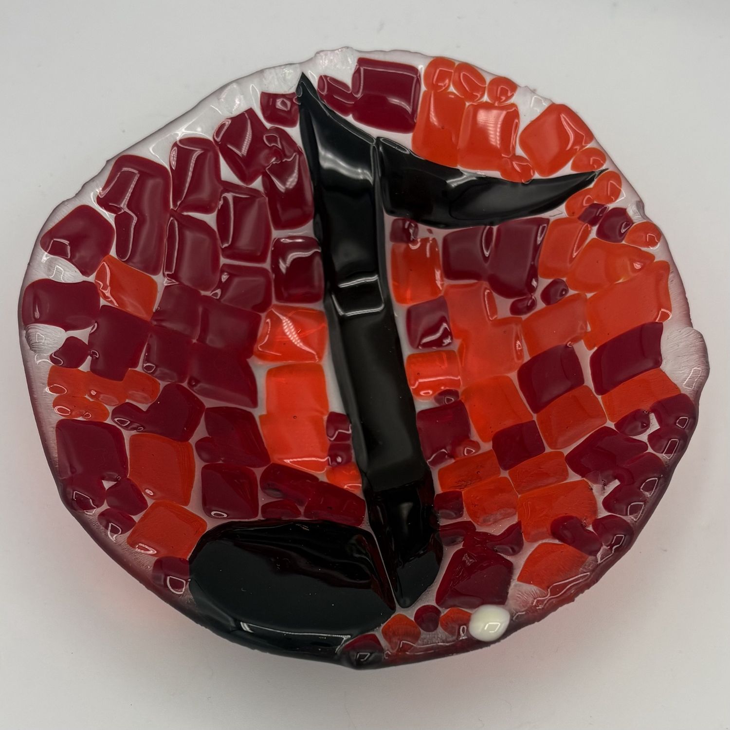 Dioysia Sanchez, Fused Glass Bowl, Music Note on Red and Orange Chunks