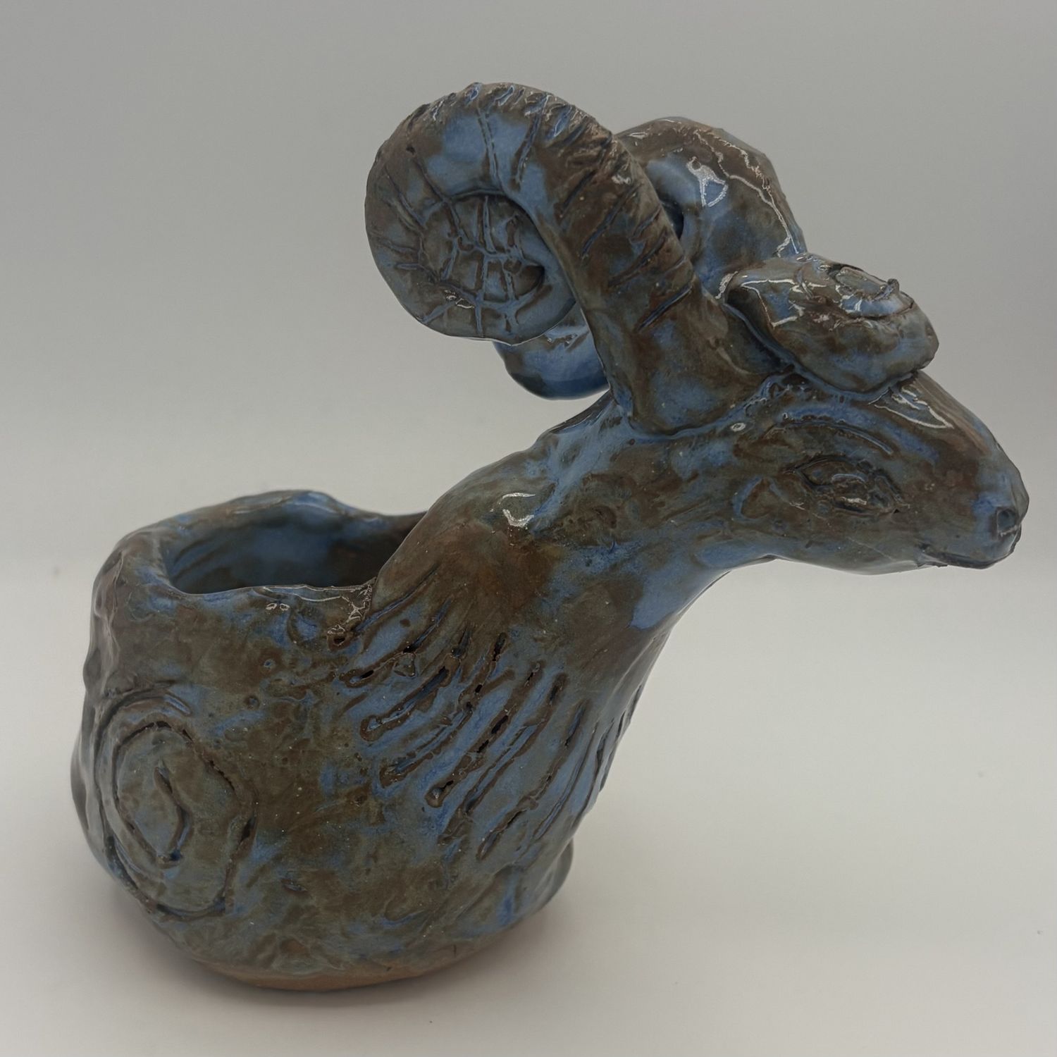 Sarah Brown, Ceramic Container, Blue and Brown Ram