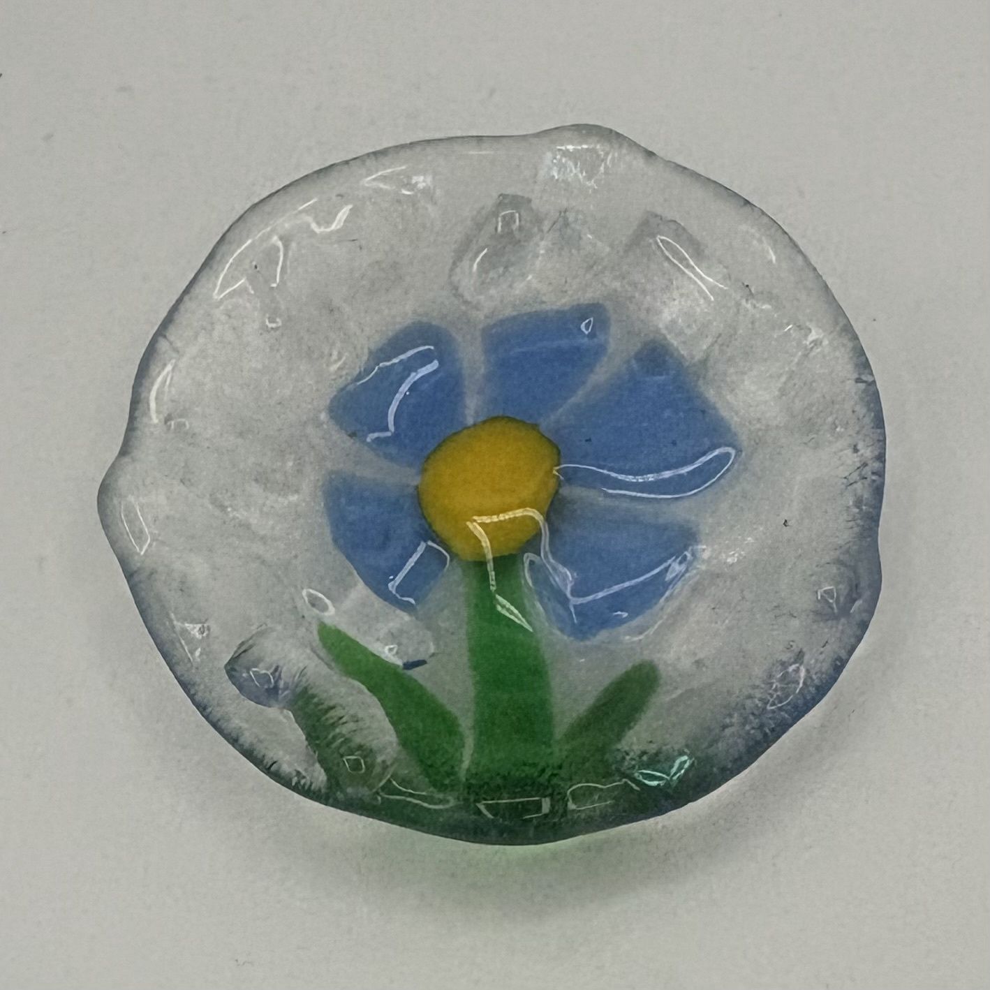 Erin Betz, Fused Glass Ring Dish, Blue and Yellow Flower