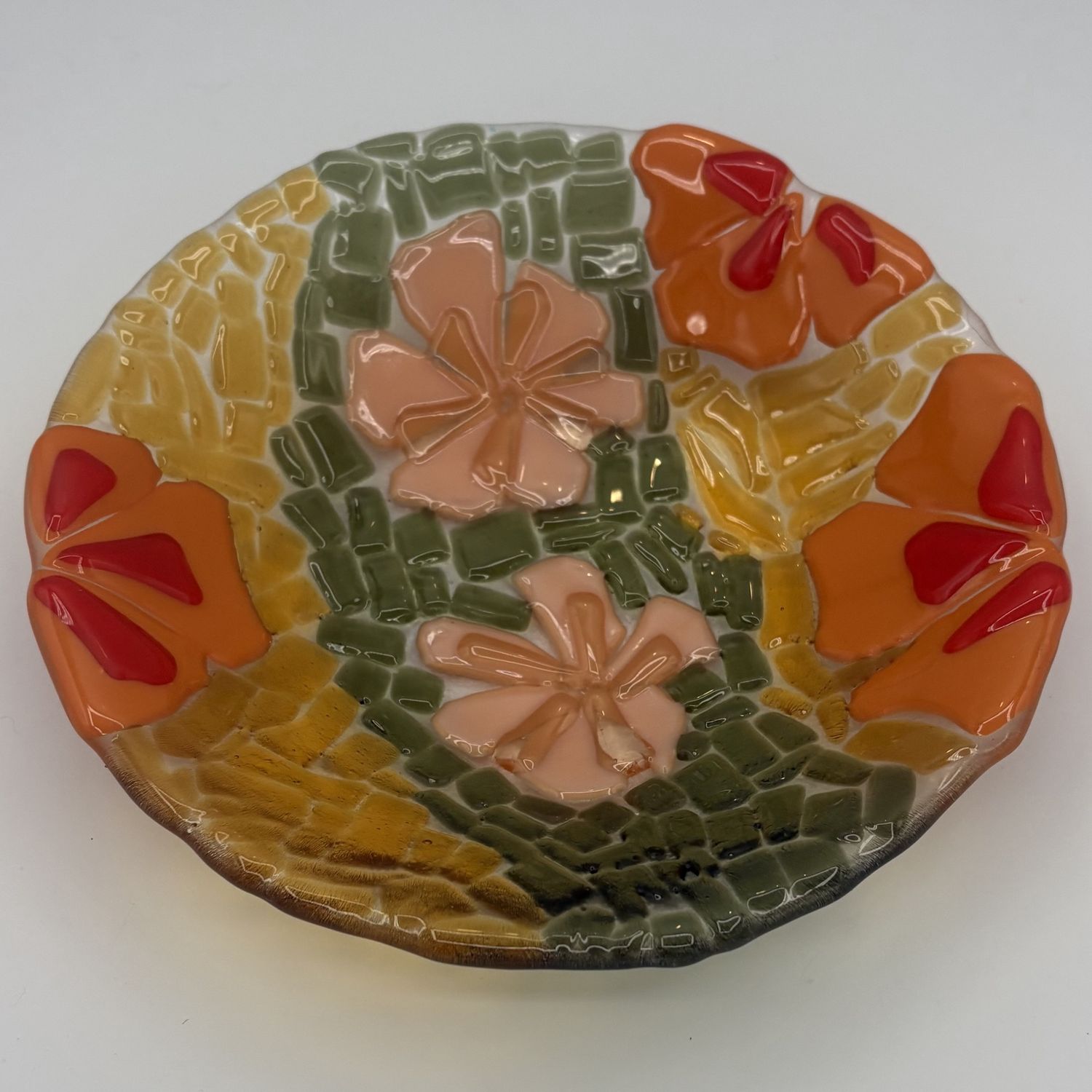Jessica Bays, Fused Glass Bowl, Orange and Pink Flowers
