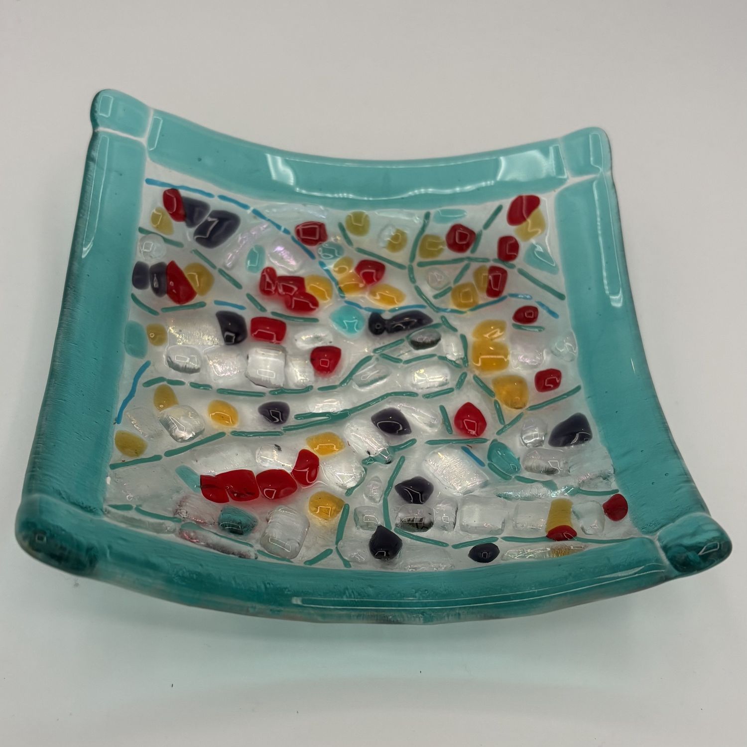 Kenny Needham, Fused Glass Dish, Vibrant Chunks and Blue Details