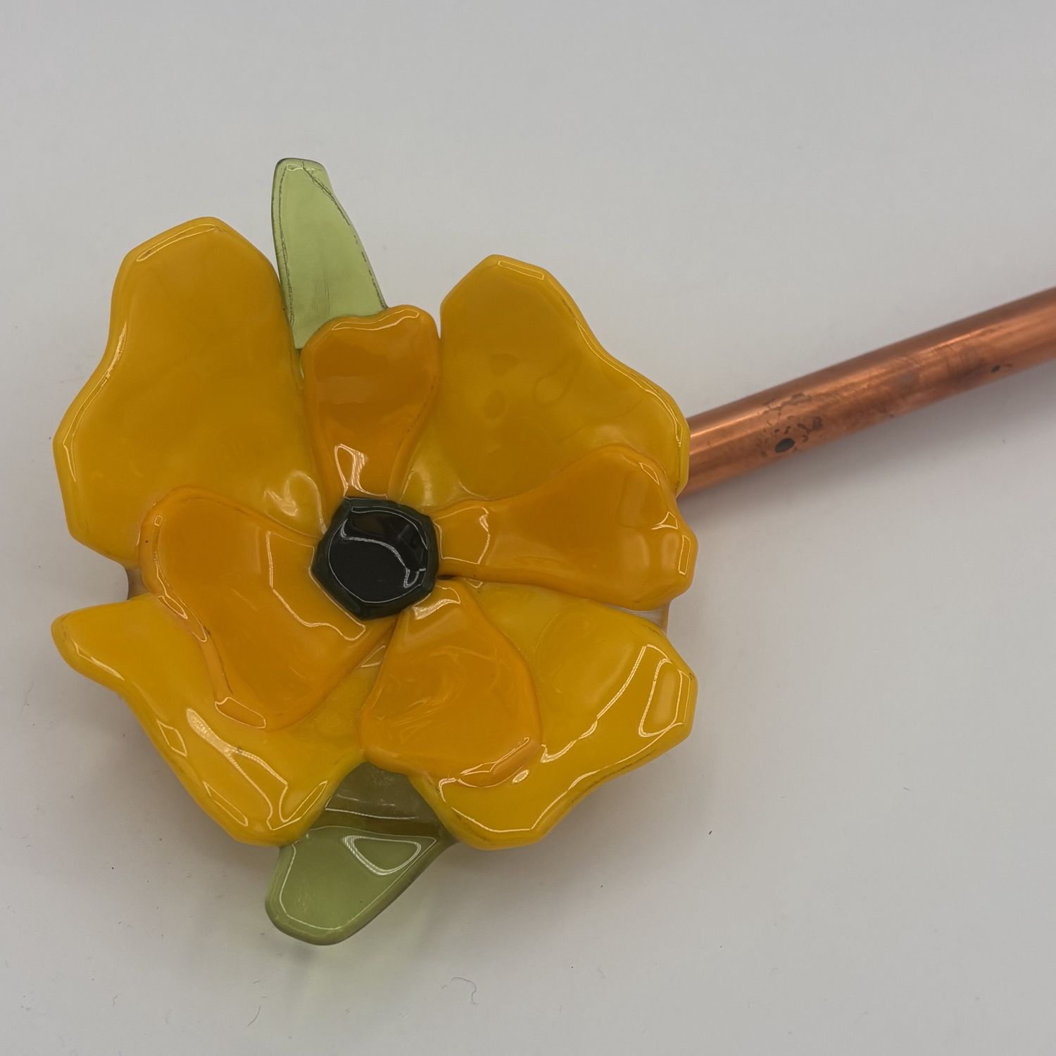 Melissa Powell, Fused Glass Garden Stake, Yellow and Green Flower