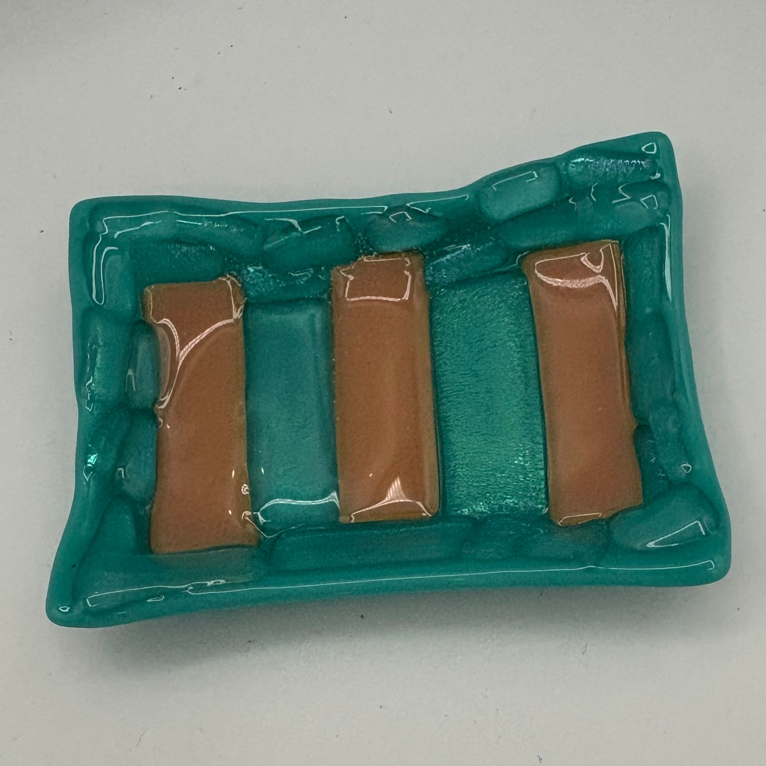 Bobbie Jo Robinson, Fused Glass Soap Dish, Blue and Pink Design