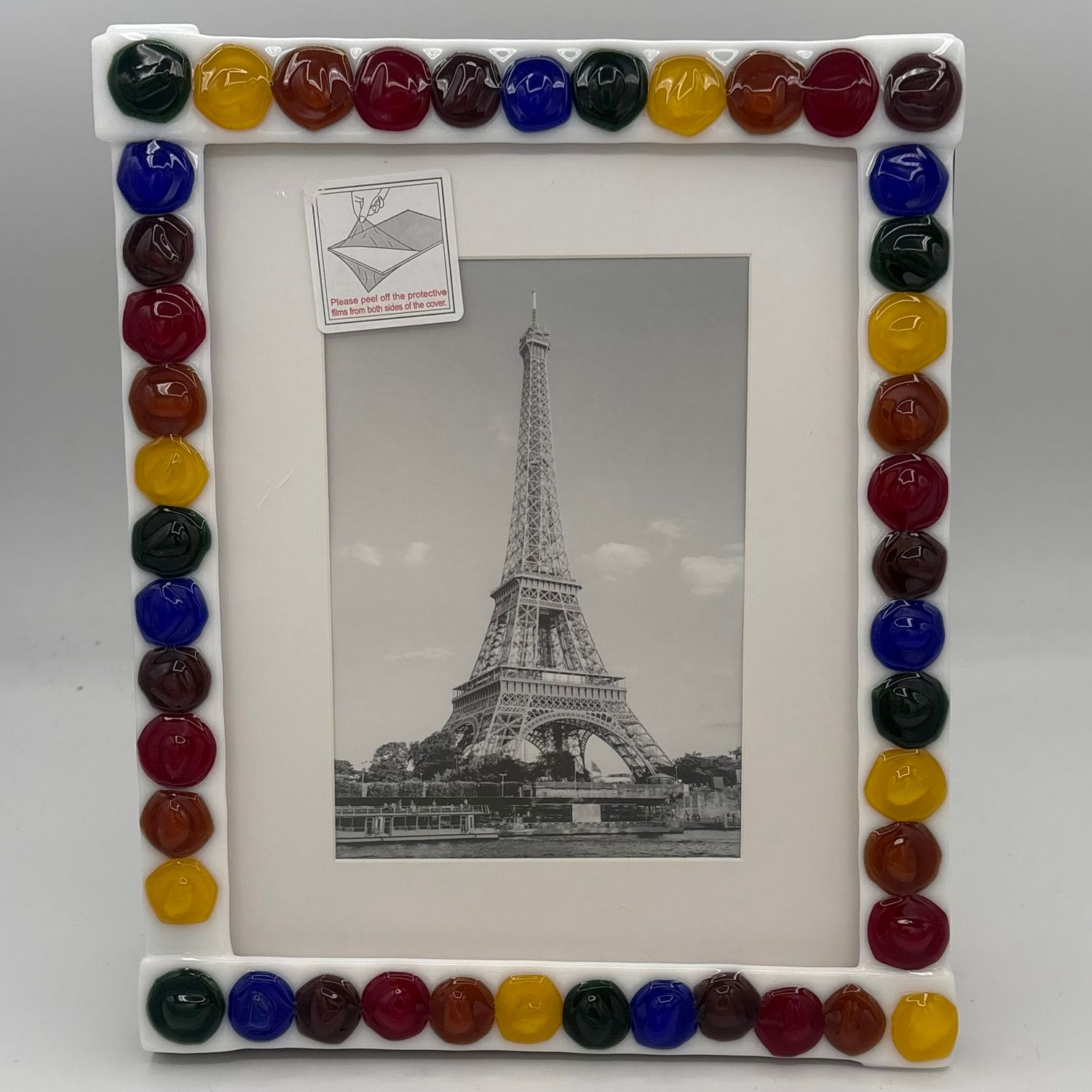 Ashley Ritter, Fused Glass Frame, 8"x10", Colorful Circles on White