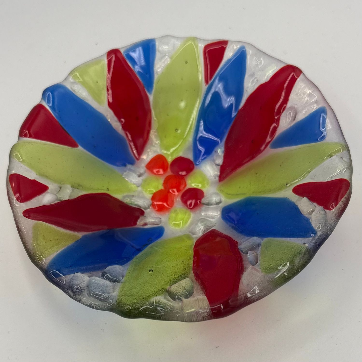 Kathryn Feldmann, Fused Glass Bowl, Red, Green and Blue Flower