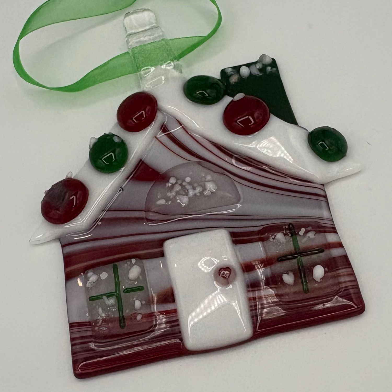 David Smyth, Fused Glass Ornament, Red and Green House