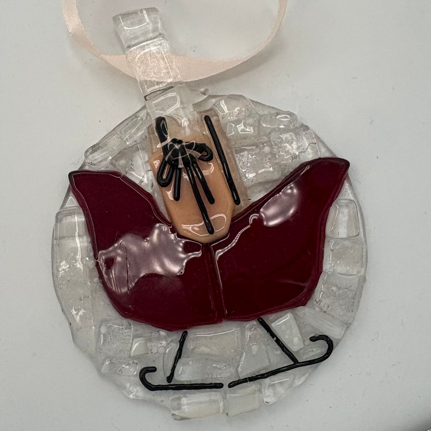 Annie Baxter, Fused Glass Ornament, Red Sleigh