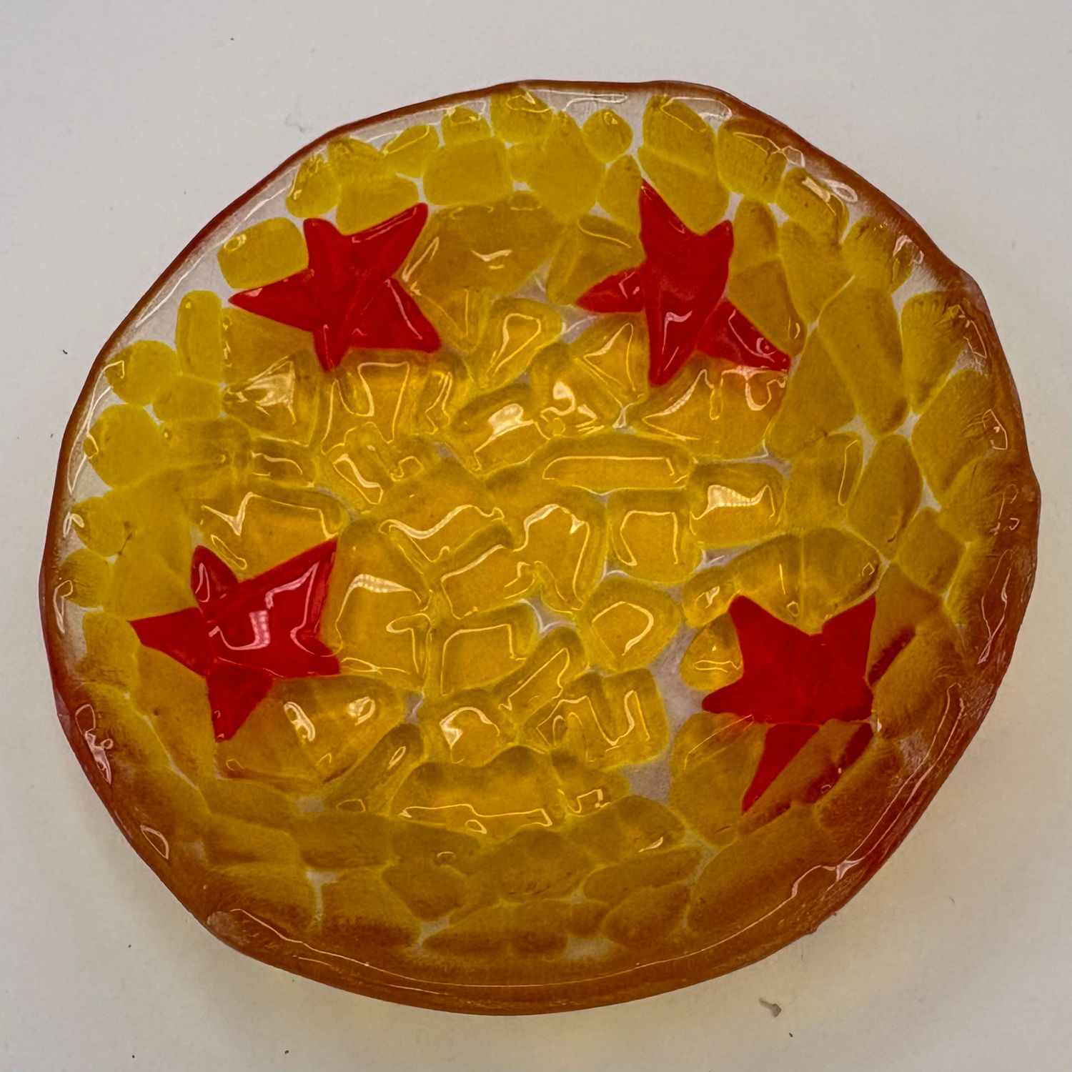 Tim Reynolds, Fused Glass Dish, Orange Stars on Yellow Chunks