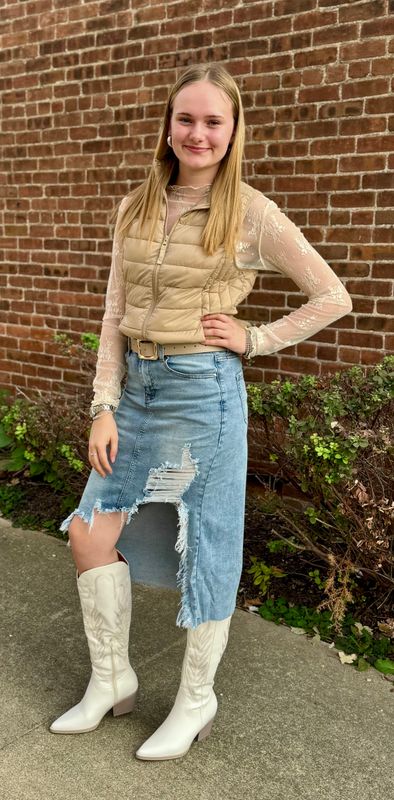 Denim Distressed Midi Skirt