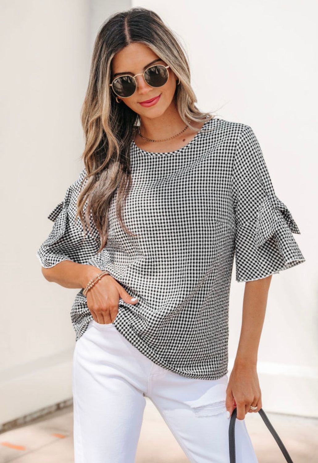 Gingham with Bow Sleeves