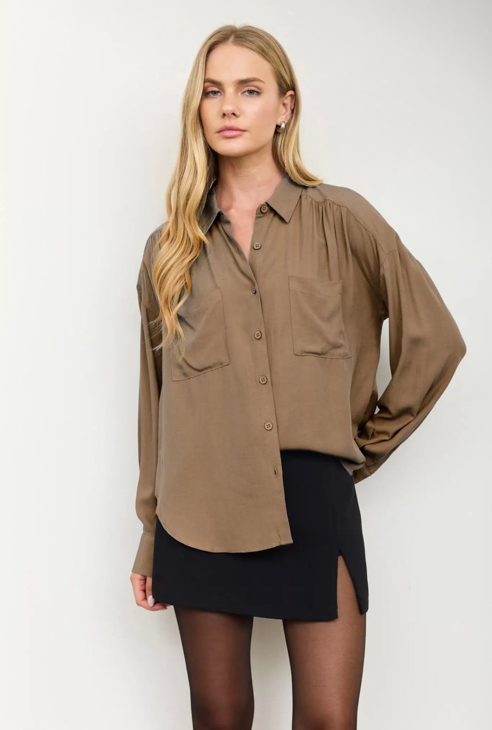Gathered Shoulder Button Down