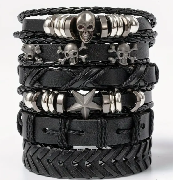 Punk Rock Fashion Woven Bracelet Set with Adjustable Skull Design