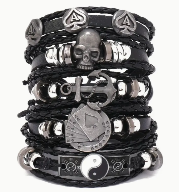 Punk Style Multi-layered Skull Trim PU Leather Bracelet Set