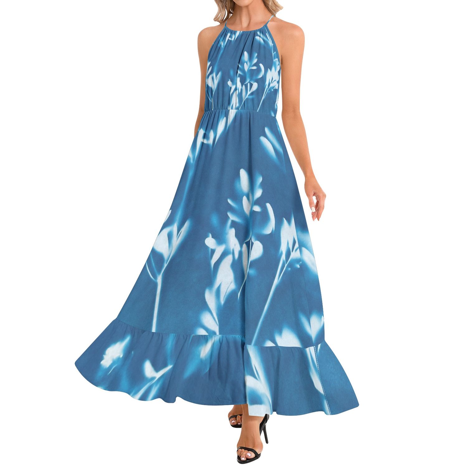Ruffle Hem Halter Neck Maxi Dress