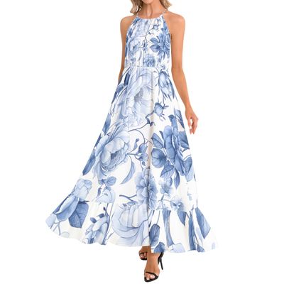 Ruffle Hem Halter Neck Maxi Dress