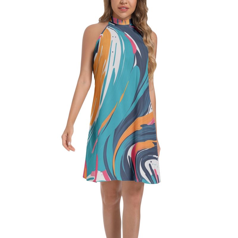 Tie Back Halter Neck Flared Dress