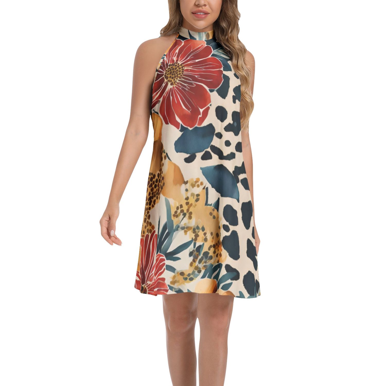 Tie Back Halter Neck Flared Dress